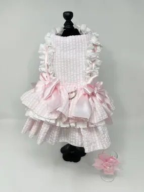 037  Pink & White Seersucker Dress with Hair Bow Size M