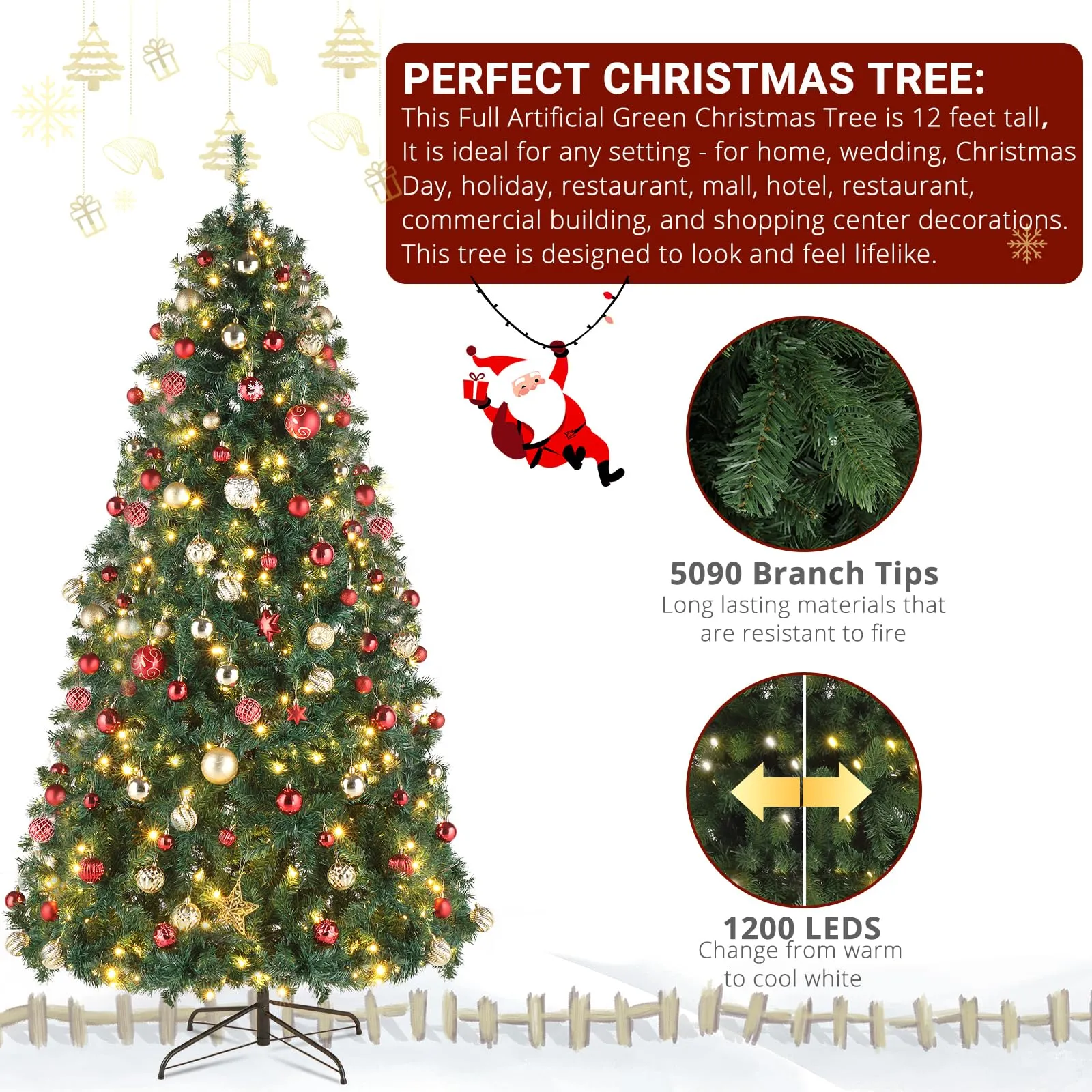 10FT Pre-Lit 1200 LED Lights 10 Modes Color Changing Christmas Pine Tree, 5090 Branches Artificial Festive Party Holiday Fake Multicolored Xmas Tree for Home, Office, Includes Stand