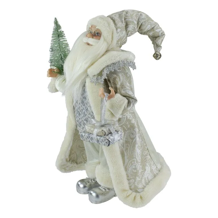 12" Ivory Standing Santa Christmas Figurine Carrying a Green Pine Tree