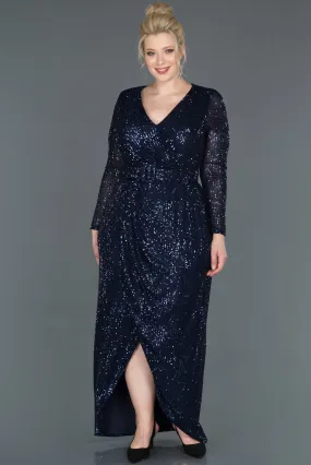 15695 Navy Blue Draped Belted Sequins Slit Dress