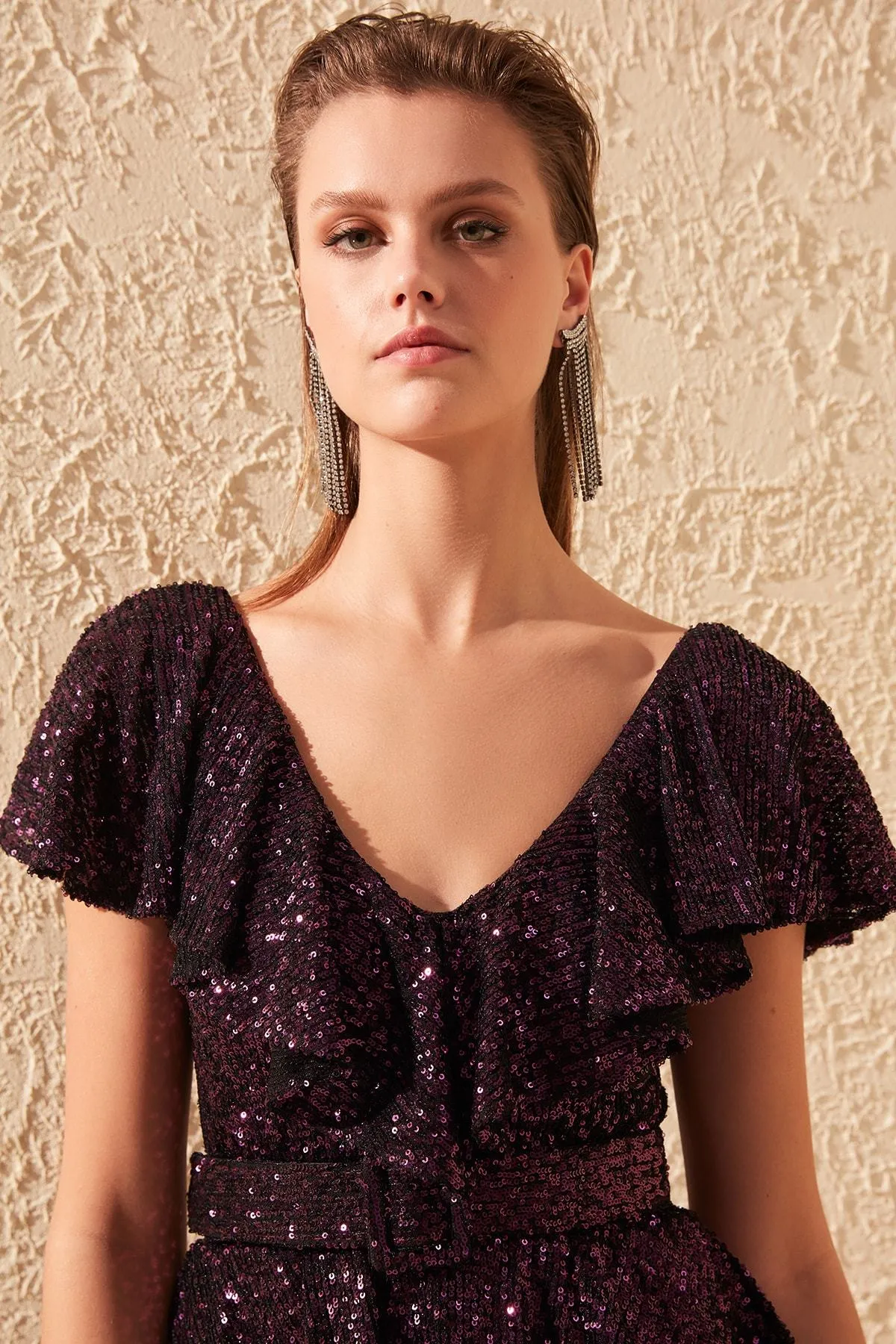 16435 Dark Purple Frill Detail Sequined Dress