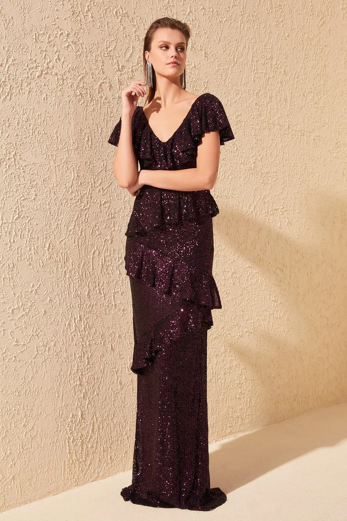 16435 Dark Purple Frill Detail Sequined Dress