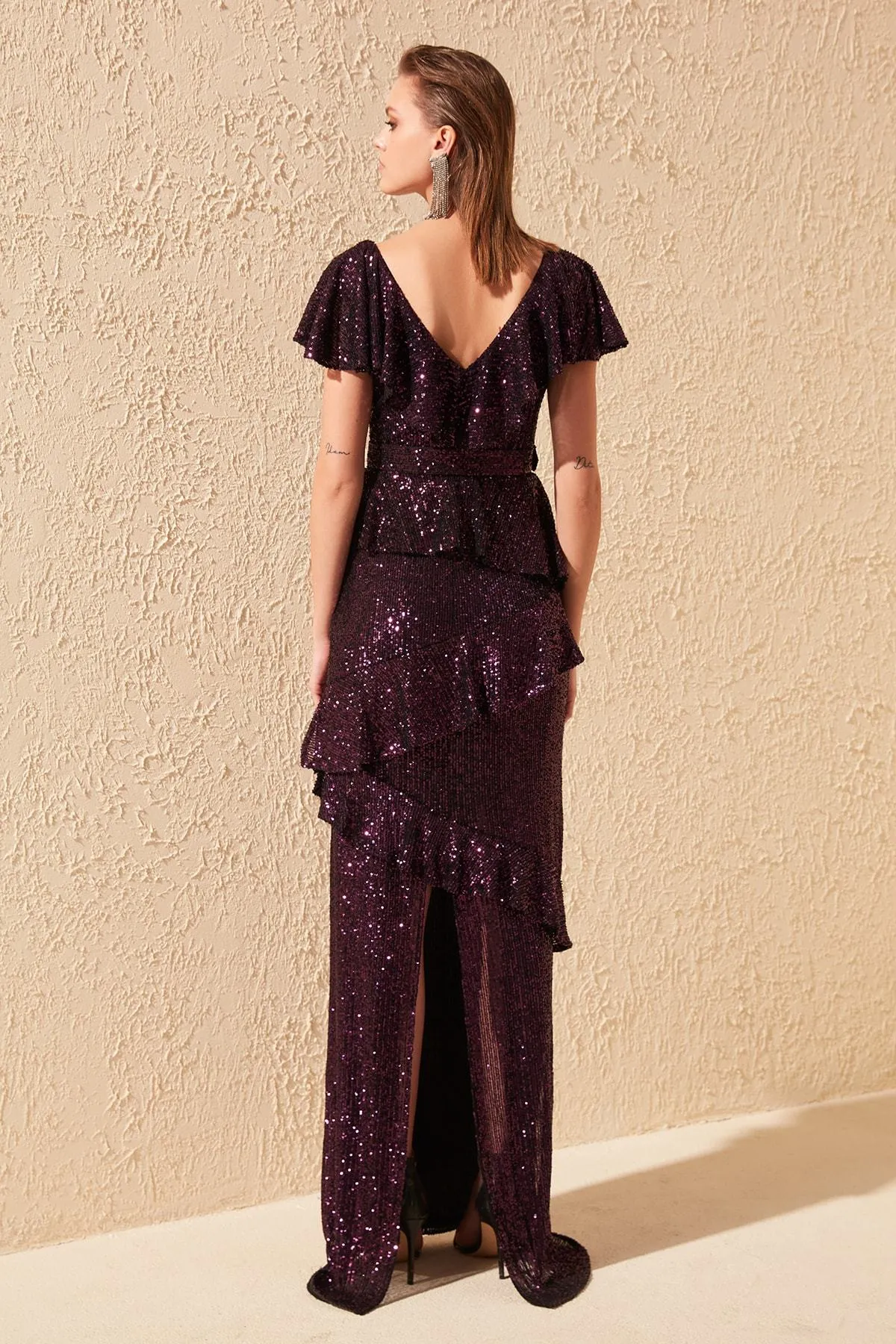 16435 Dark Purple Frill Detail Sequined Dress