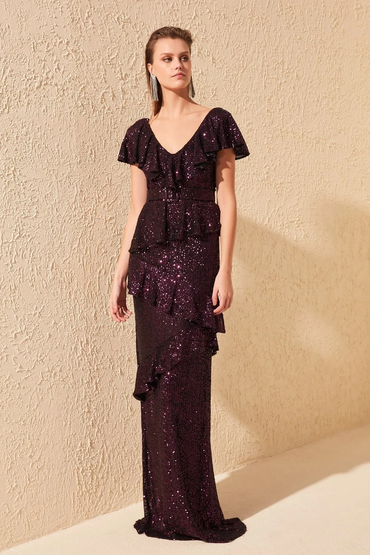 16435 Dark Purple Frill Detail Sequined Dress