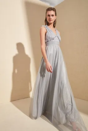 16448 Grey Draped Waist Tulle Dress