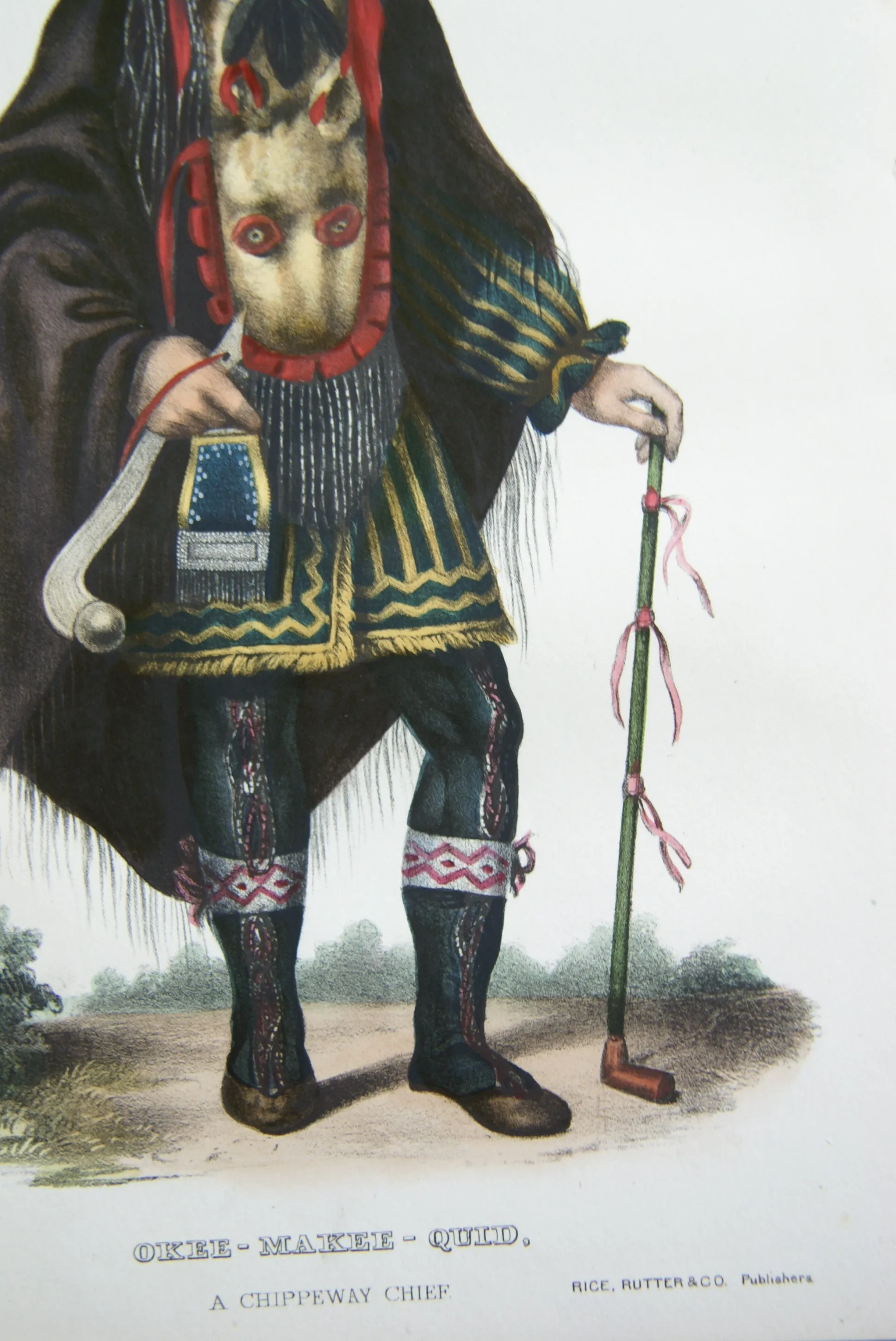 1848 Original Hand colored lithograph of OKEE-MAKEE-QUID, A CHIPPEWAY CHIEF, plate 20, from the octavo edition of McKenney & Hall’s History of the Indian Tribes of North America. (OKEEMAKEEQUID)