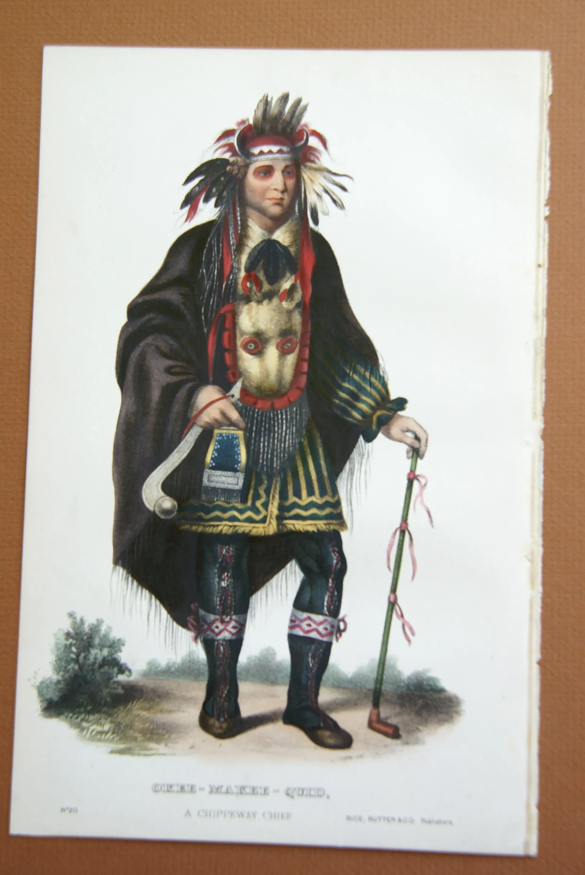 1848 Original Hand colored lithograph of OKEE-MAKEE-QUID, A CHIPPEWAY CHIEF, plate 20, from the octavo edition of McKenney & Hall’s History of the Indian Tribes of North America. (OKEEMAKEEQUID)