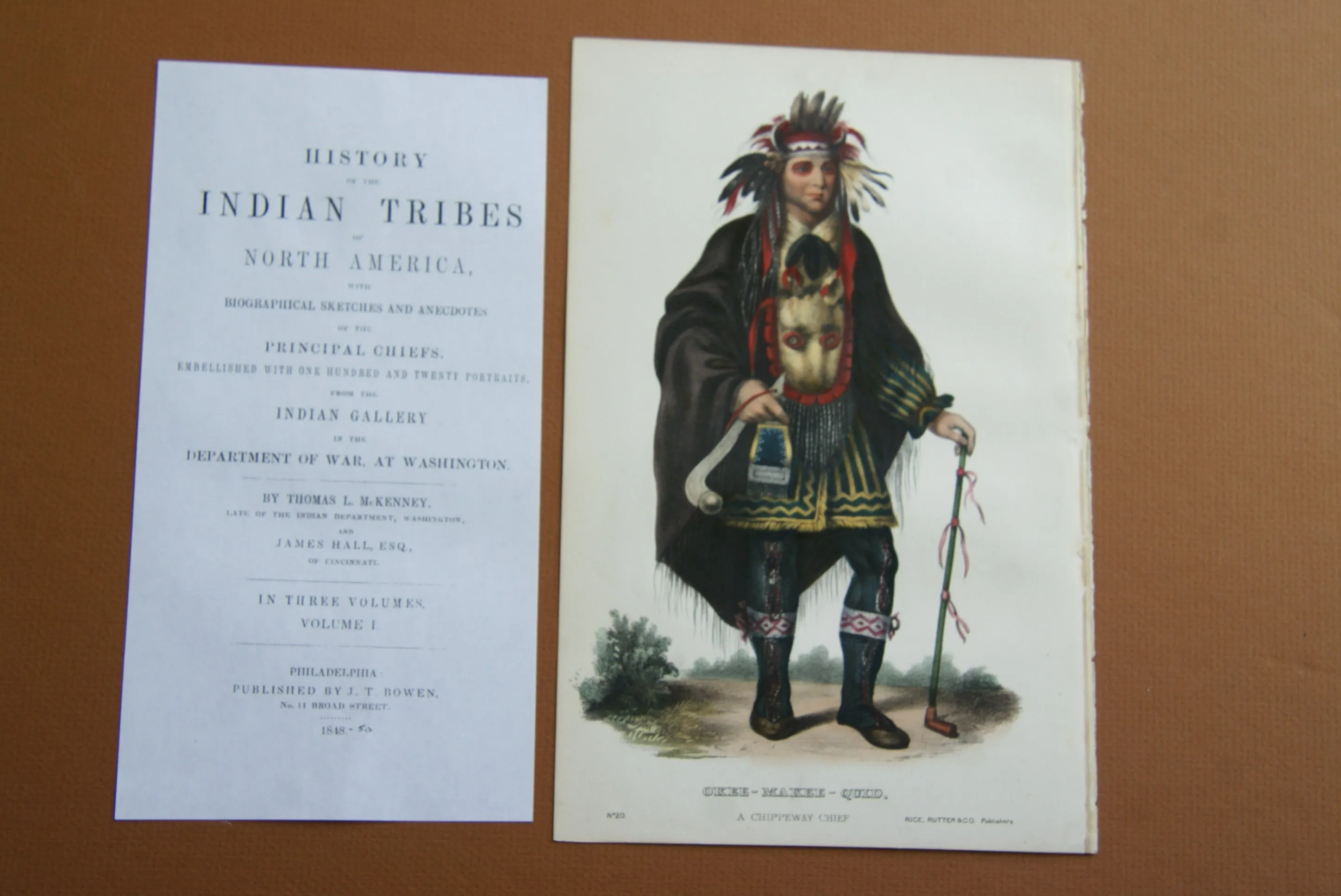 1848 Original Hand colored lithograph of OKEE-MAKEE-QUID, A CHIPPEWAY CHIEF, plate 20, from the octavo edition of McKenney & Hall’s History of the Indian Tribes of North America. (OKEEMAKEEQUID)