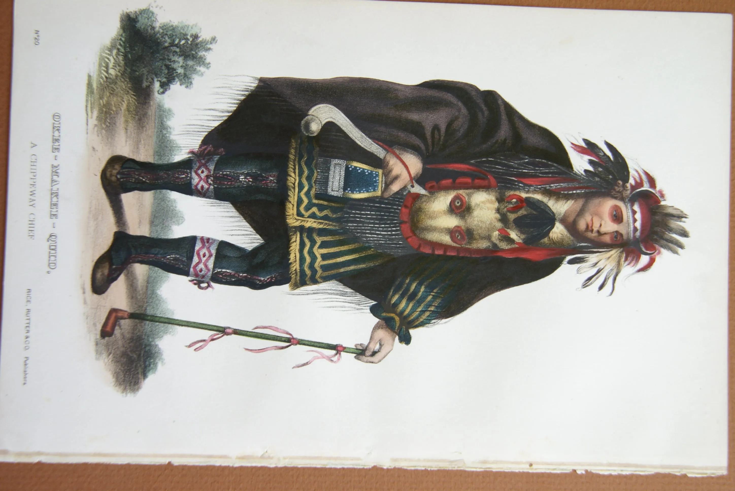 1848 Original Hand colored lithograph of OKEE-MAKEE-QUID, A CHIPPEWAY CHIEF, plate 20, from the octavo edition of McKenney & Hall’s History of the Indian Tribes of North America. (OKEEMAKEEQUID)