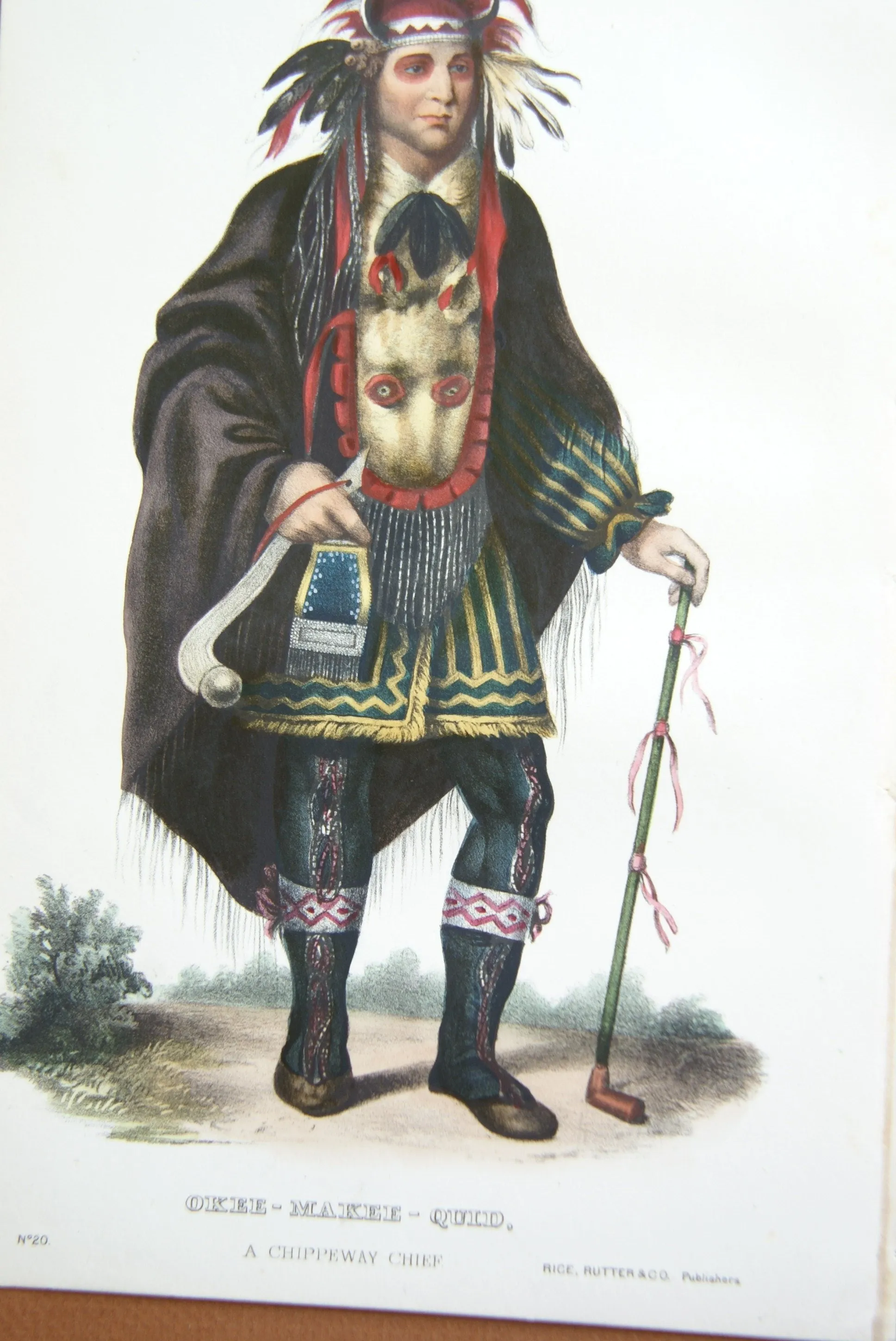 1848 Original Hand colored lithograph of OKEE-MAKEE-QUID, A CHIPPEWAY CHIEF, plate 20, from the octavo edition of McKenney & Hall’s History of the Indian Tribes of North America. (OKEEMAKEEQUID)