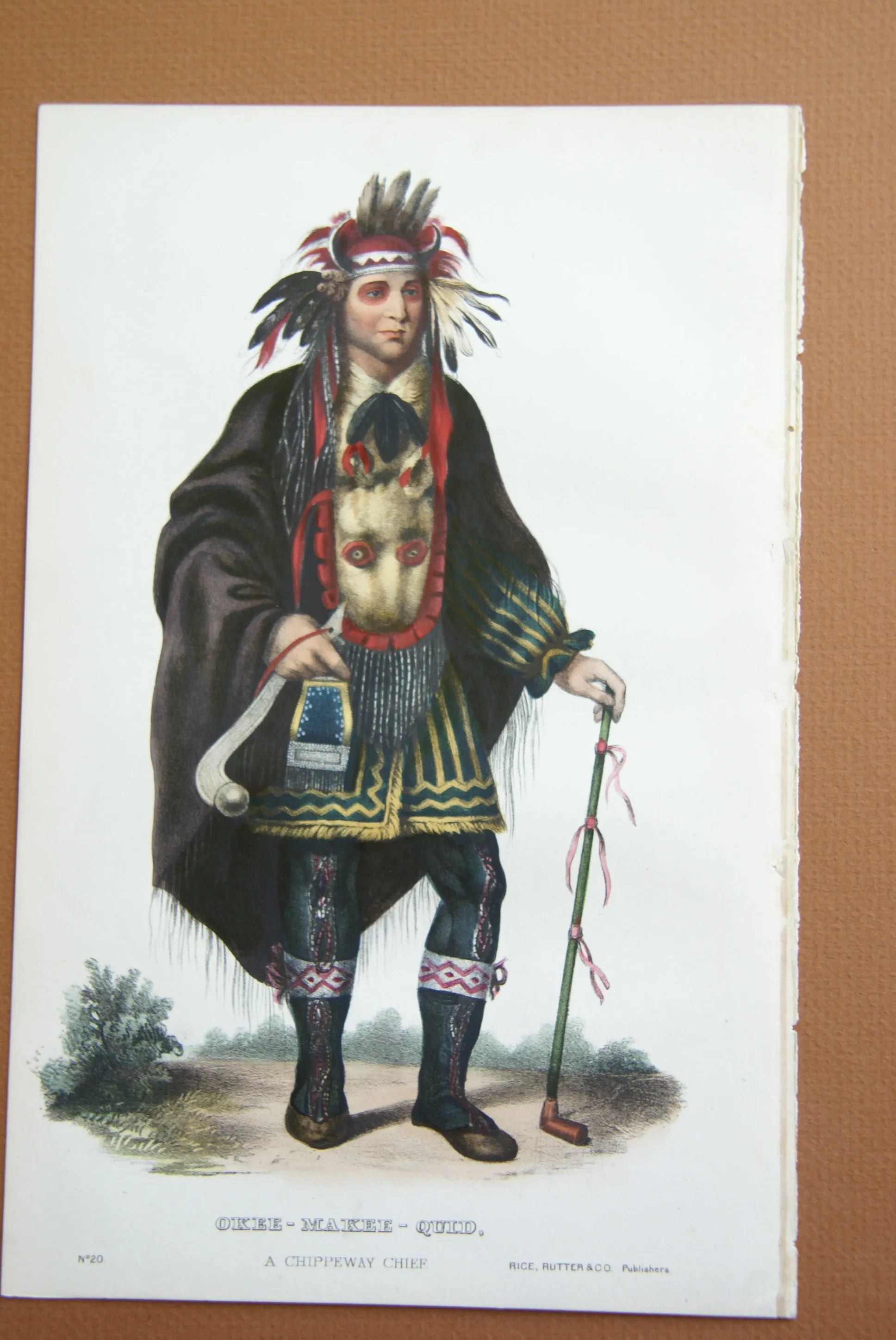 1848 Original Hand colored lithograph of OKEE-MAKEE-QUID, A CHIPPEWAY CHIEF, plate 20, from the octavo edition of McKenney & Hall’s History of the Indian Tribes of North America. (OKEEMAKEEQUID)