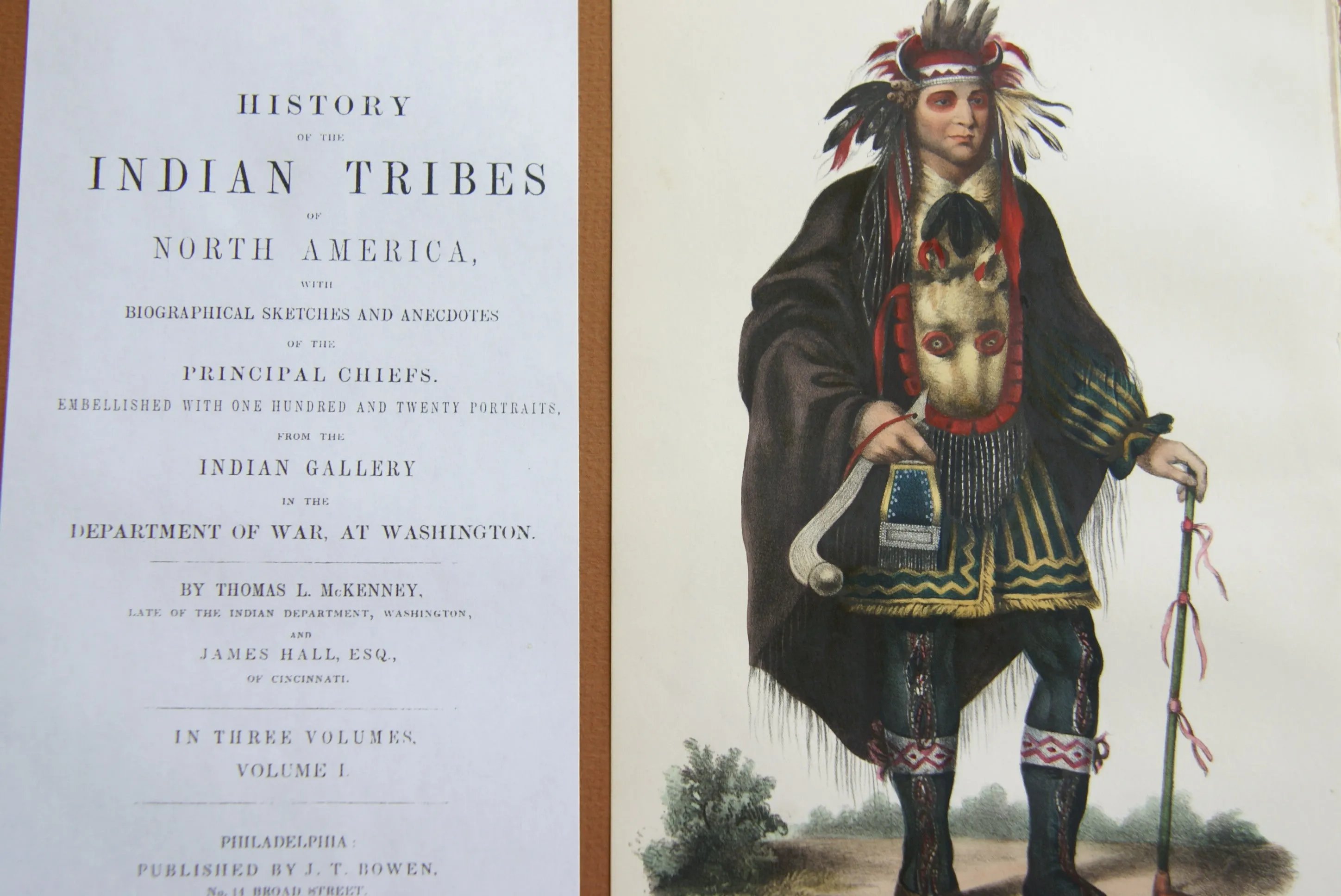 1848 Original Hand colored lithograph of OKEE-MAKEE-QUID, A CHIPPEWAY CHIEF, plate 20, from the octavo edition of McKenney & Hall’s History of the Indian Tribes of North America. (OKEEMAKEEQUID)