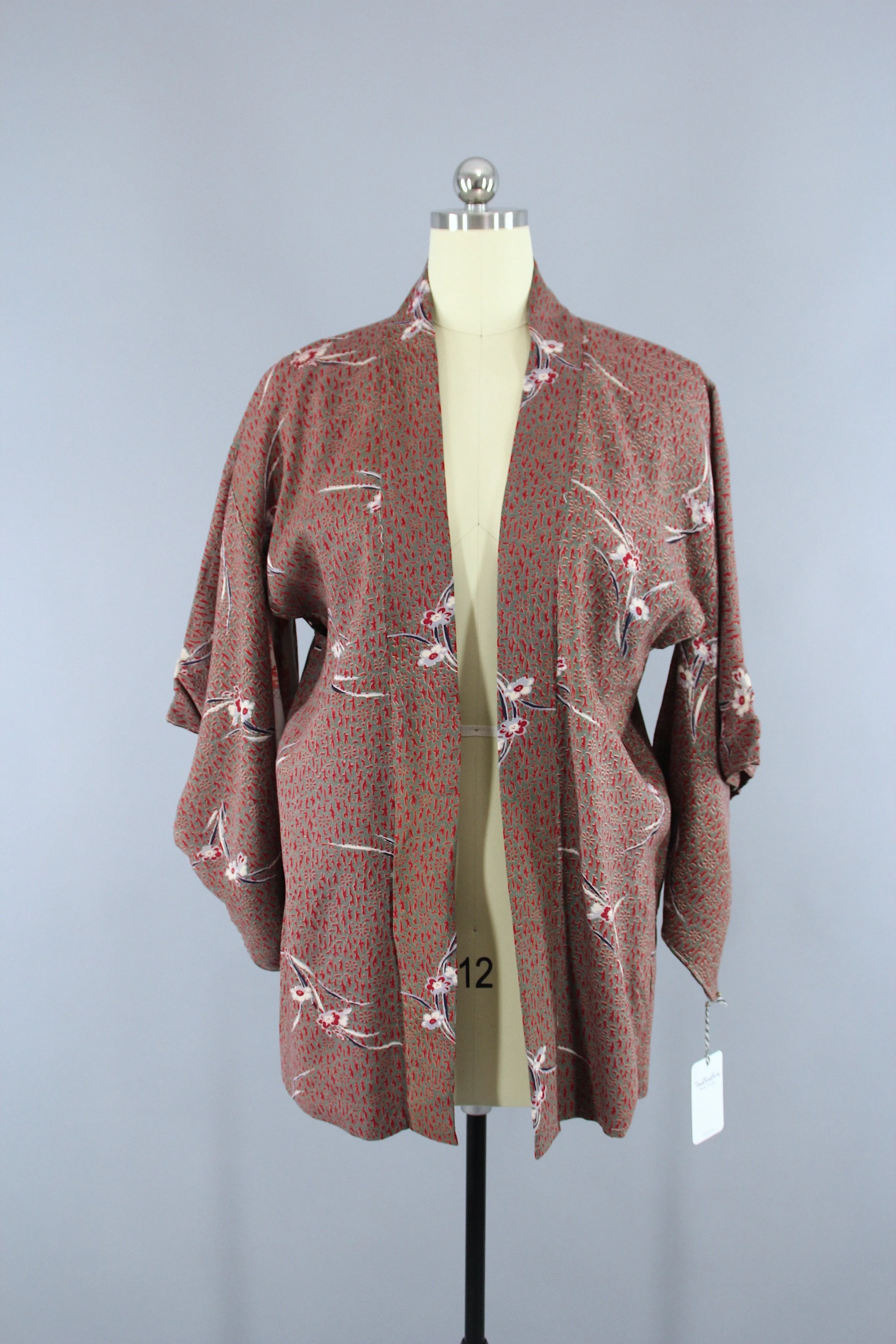 1940s Vintage Haori Kimono Jacket Cardigan / Brown Red Abstract Floral Print