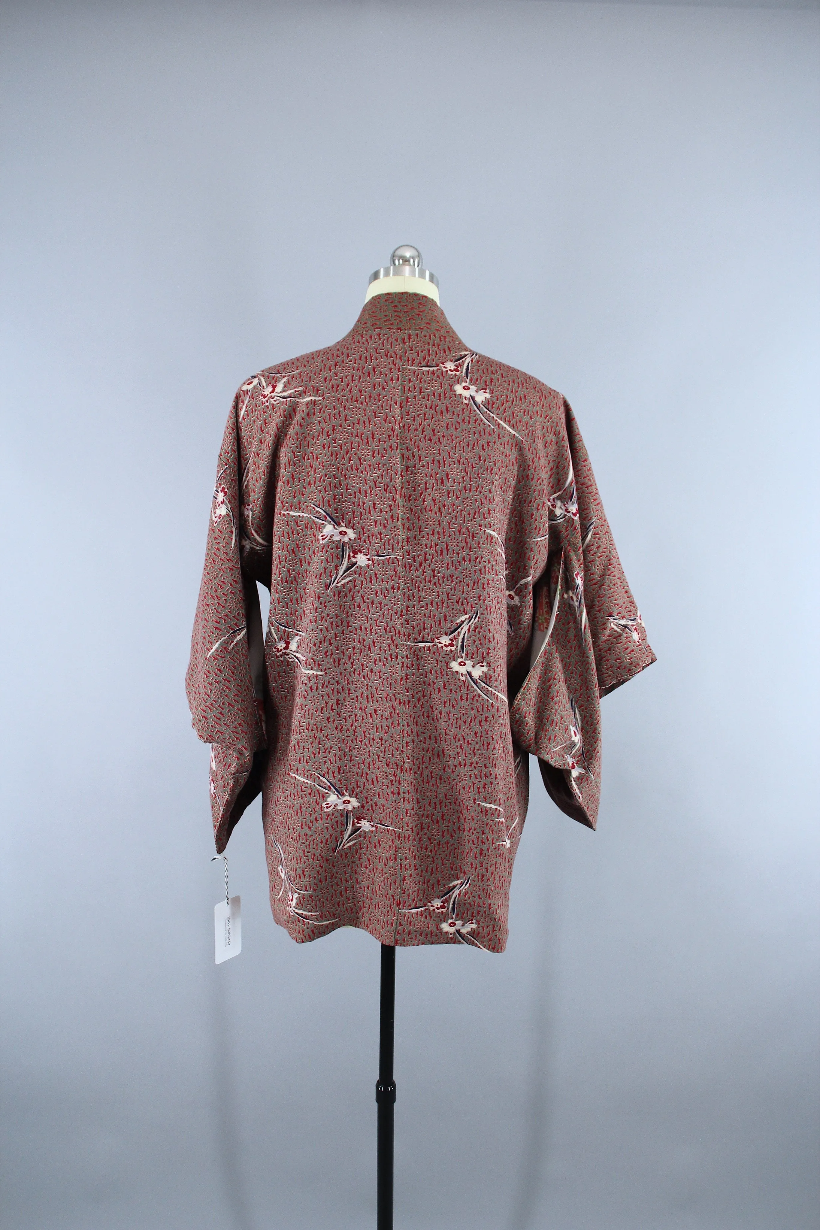 1940s Vintage Haori Kimono Jacket Cardigan / Brown Red Abstract Floral Print