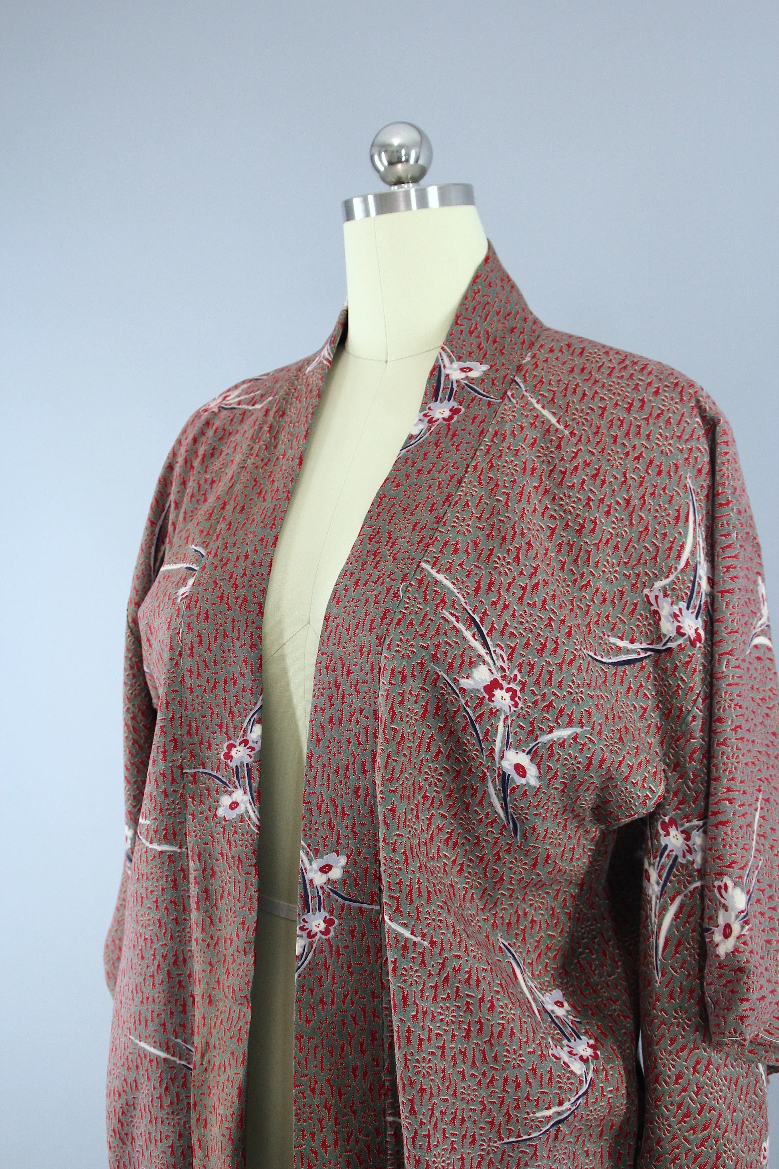 1940s Vintage Haori Kimono Jacket Cardigan / Brown Red Abstract Floral Print