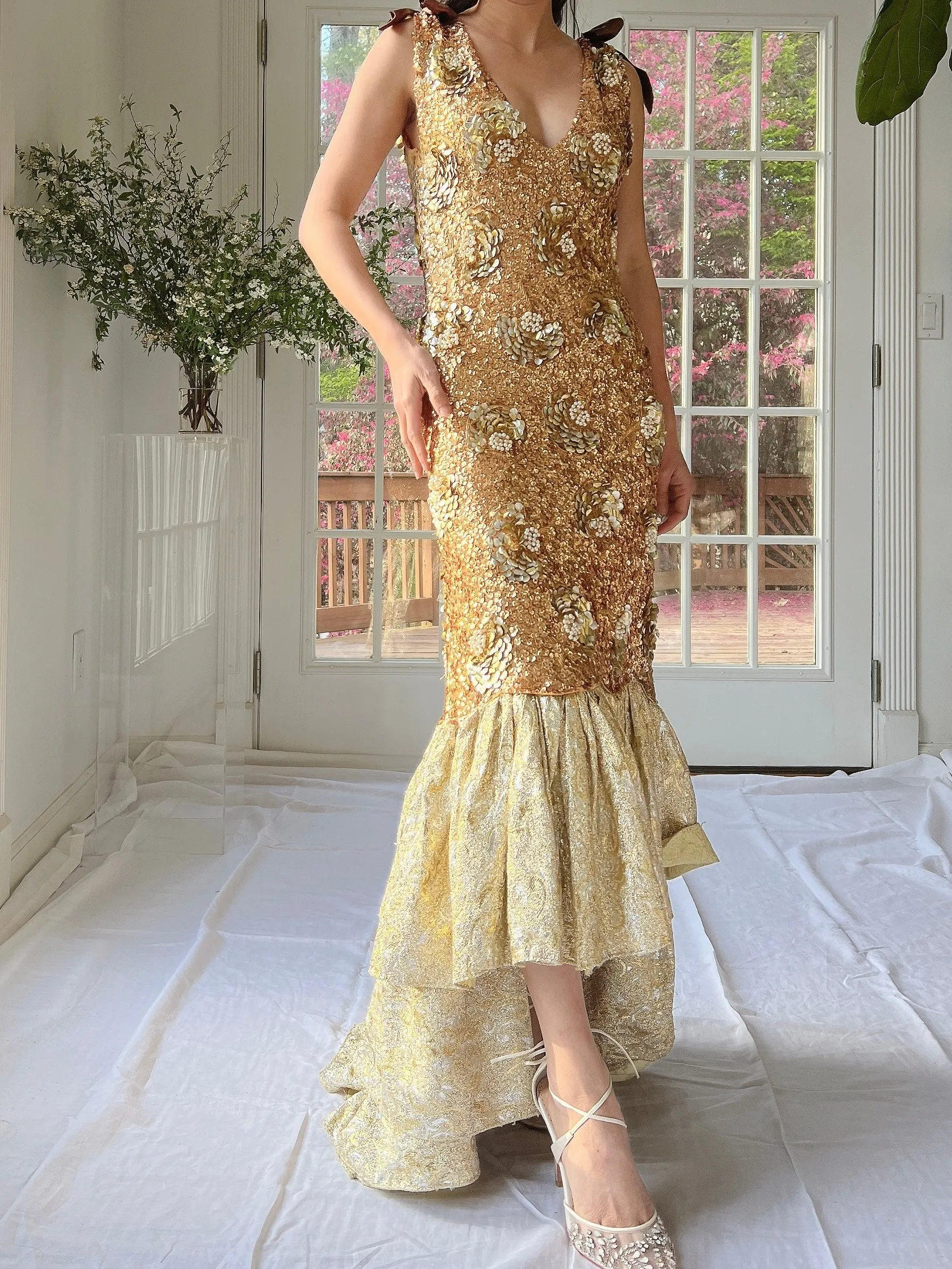 1960s Gold Gene Shelly Wool Beaded Gown - XS-M