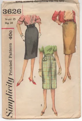 1960's Simplicity Slim Skirt with 3 Pocket Styles - Waist 25" - No. 3626