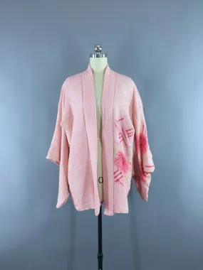 1960s Vintage Silk Haori Kimono Cardigan Jacket in Pink and White Shibori Floral