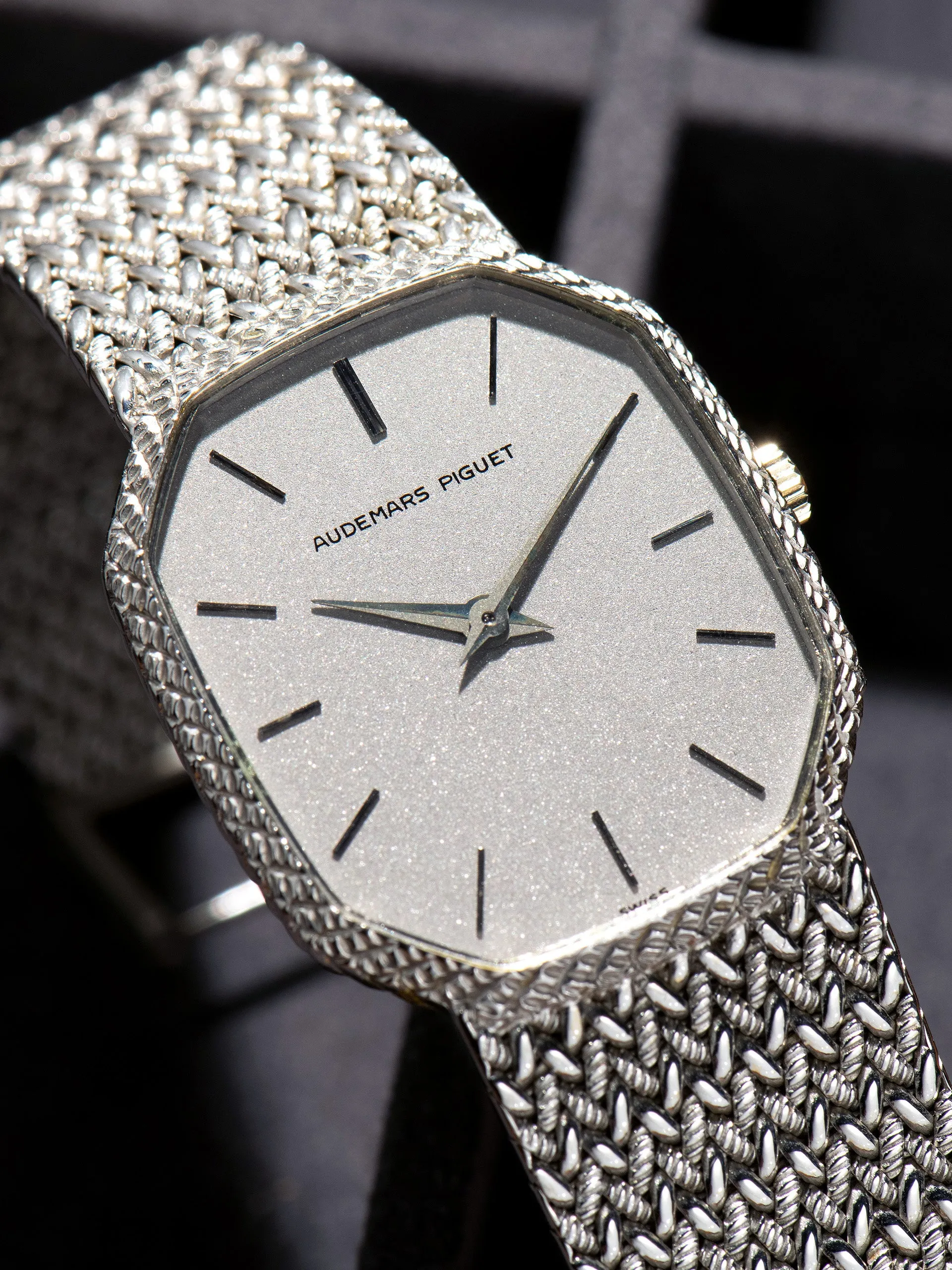 1970s Audemars Piguet Octagonal Dress Watch 18K WG W/ Metallic Silver Dial