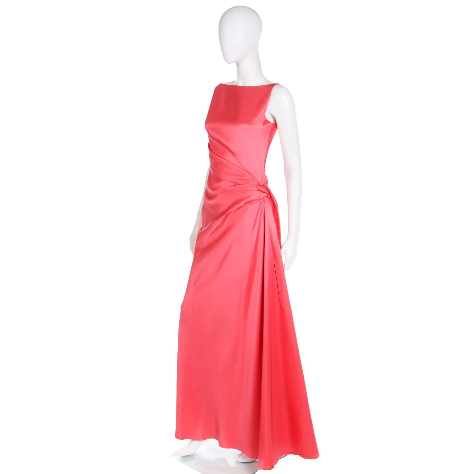 1990s Bill Blass Vintage Salmon Pink Silk Draped Evening Gown