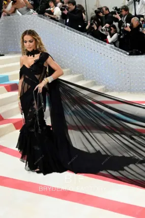 2023 Met Gala Rita Ora Black Long Train Mermaid Dress