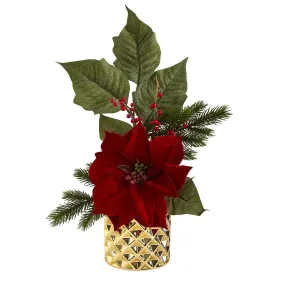 21” Poinsettia, Berries and Pine Artificial Arrangement in Gold Vase