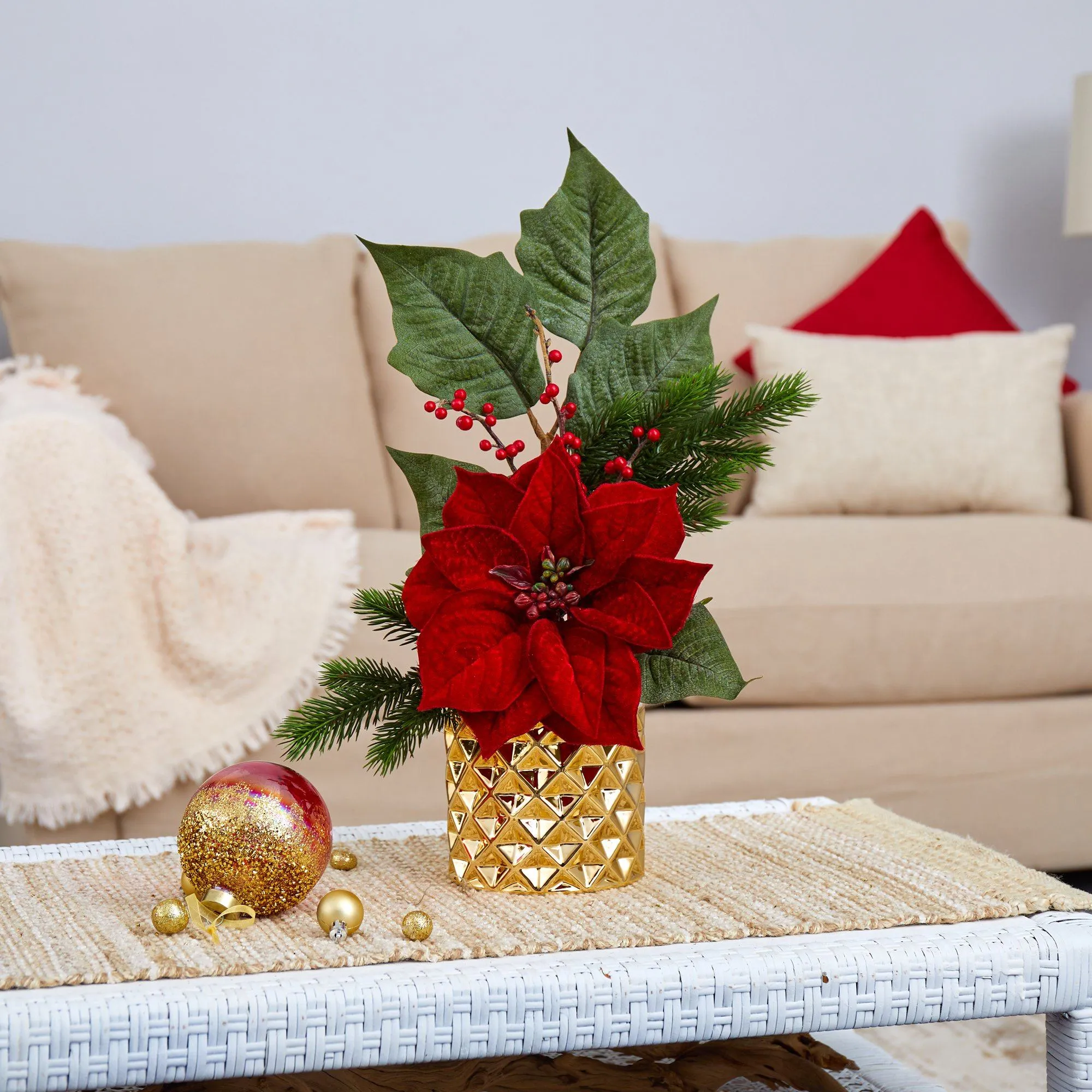 21” Poinsettia, Berries and Pine Artificial Arrangement in Gold Vase