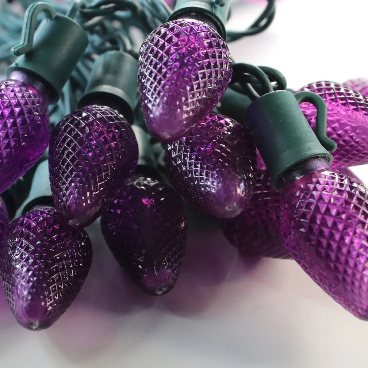 25-light C7 Purple LED Christmas Lights, 8" Spacing Green Wire