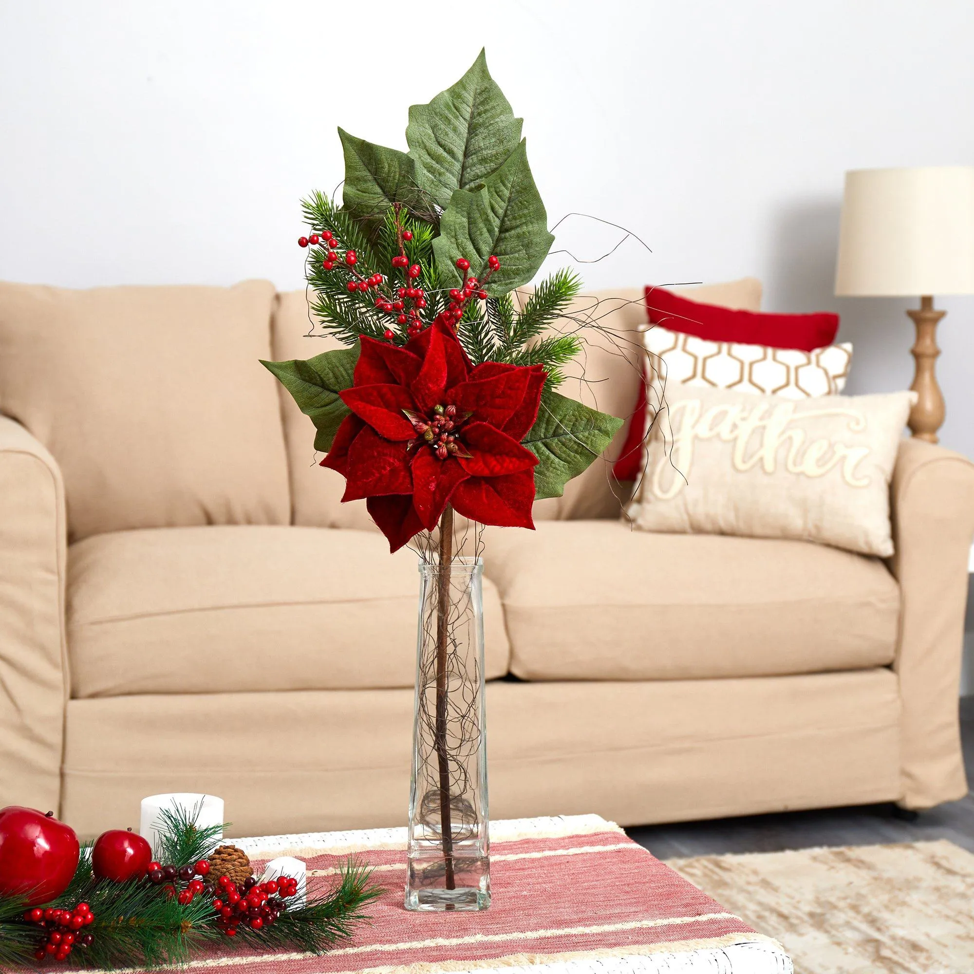 32” Poinsettia, Berries and Pine Artificial Arrangement in Glass Vase