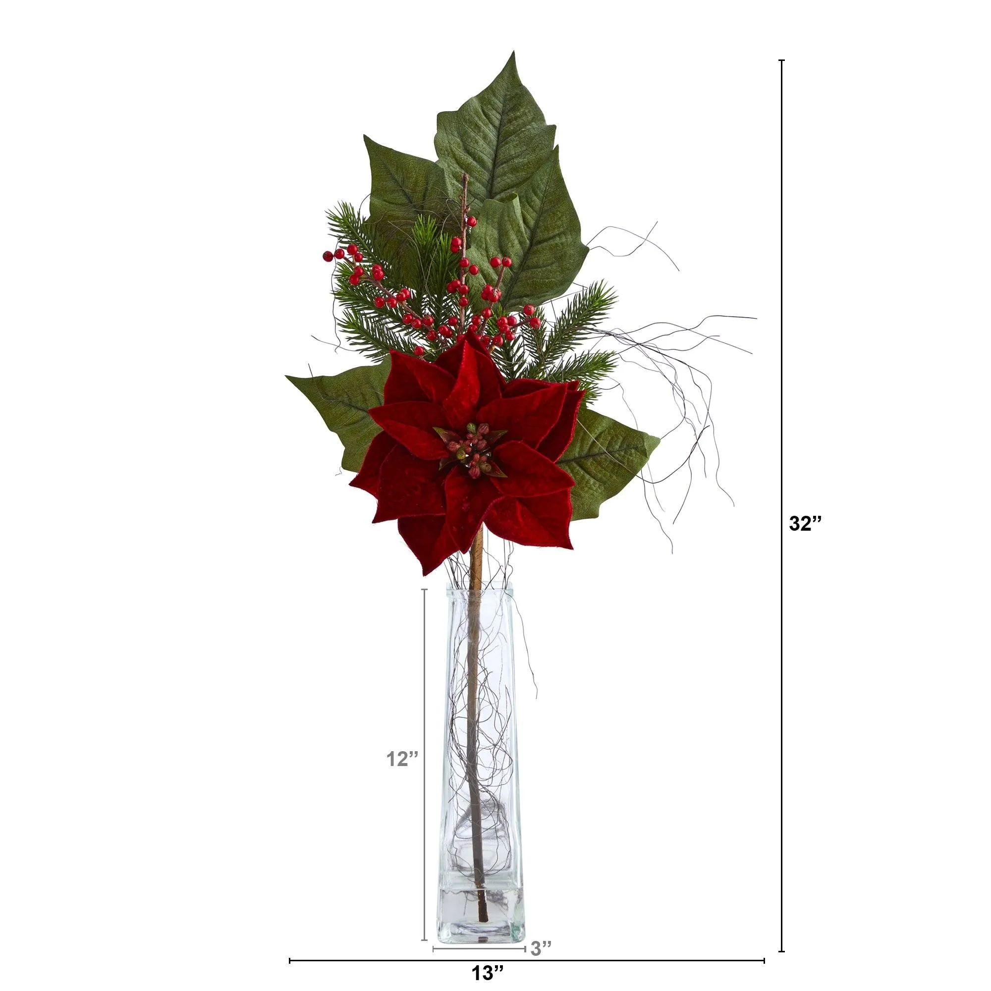 32” Poinsettia, Berries and Pine Artificial Arrangement in Glass Vase