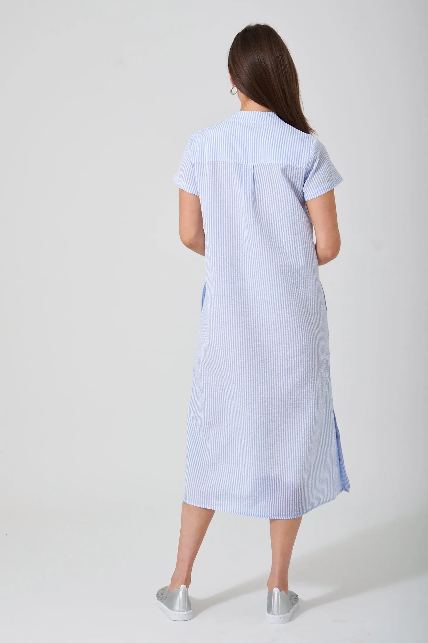 48" Seersucker Short Sleeve U Neck Dress