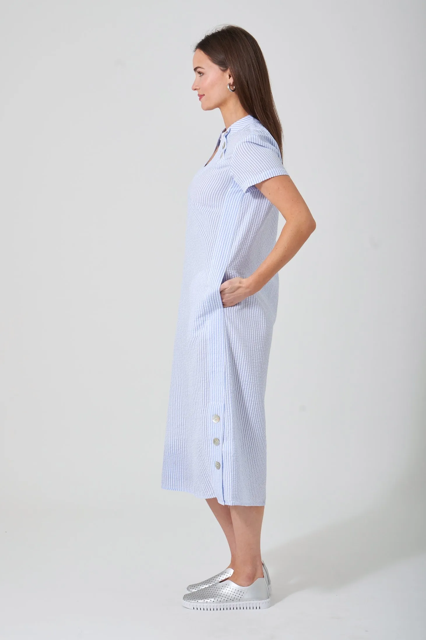 48" Seersucker Short Sleeve U Neck Dress