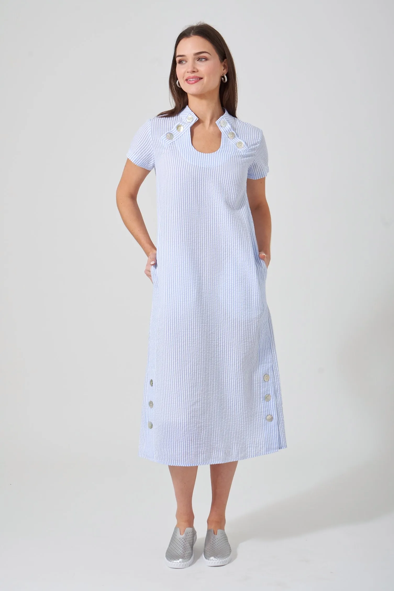 48" Seersucker Short Sleeve U Neck Dress