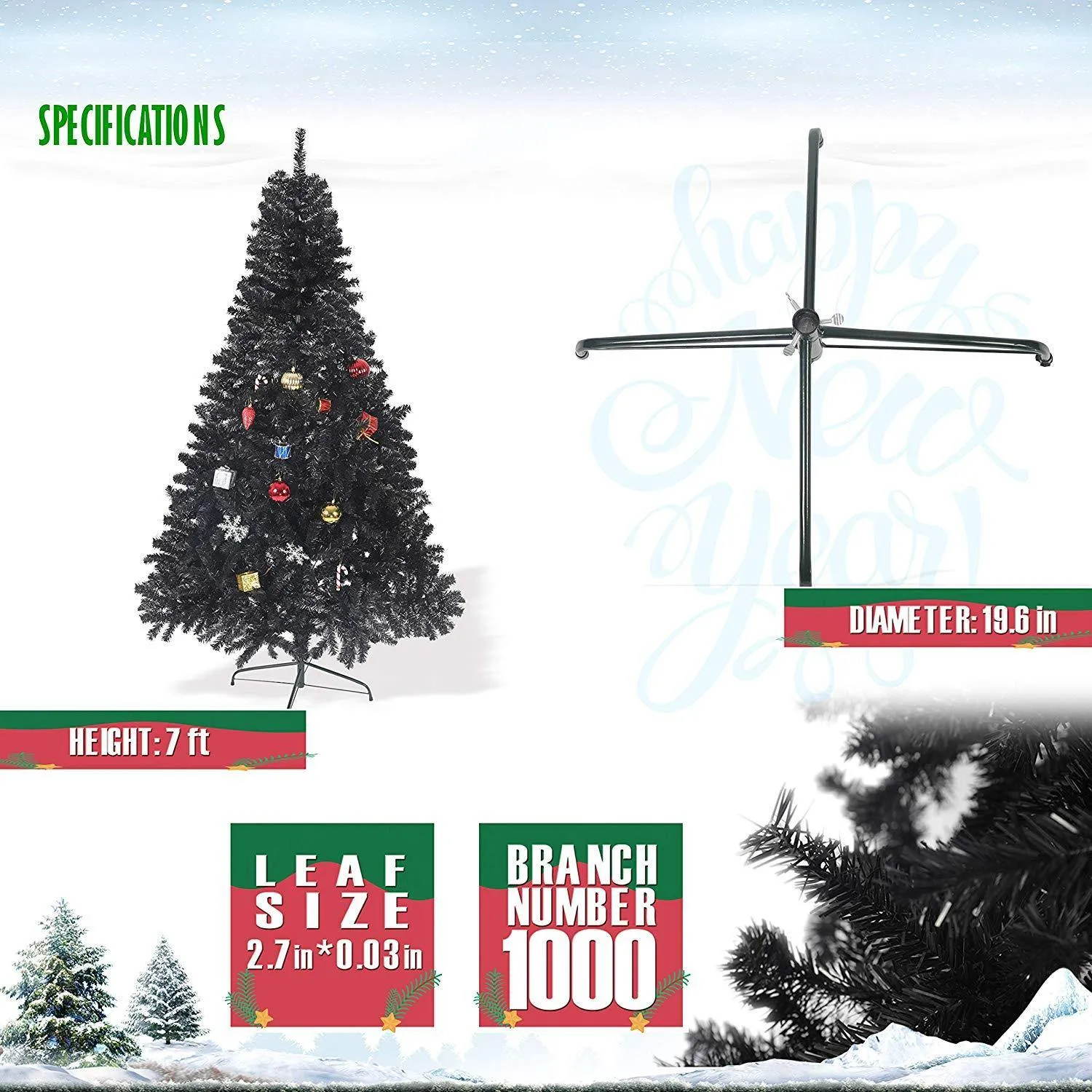 7' Black Christmas Tree Halloween Tree Artificial Pine Tree Holiday Decoration with Xmas Tree Ornaments w/ 1000 Branch Tips