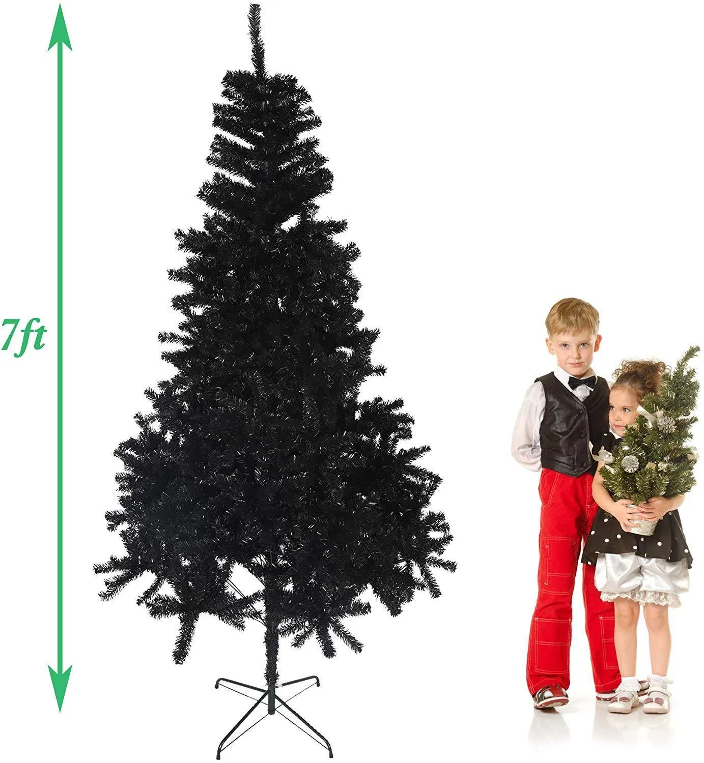 7' Black Christmas Tree Halloween Tree Artificial Pine Tree Holiday Decoration with Xmas Tree Ornaments w/ 1000 Branch Tips