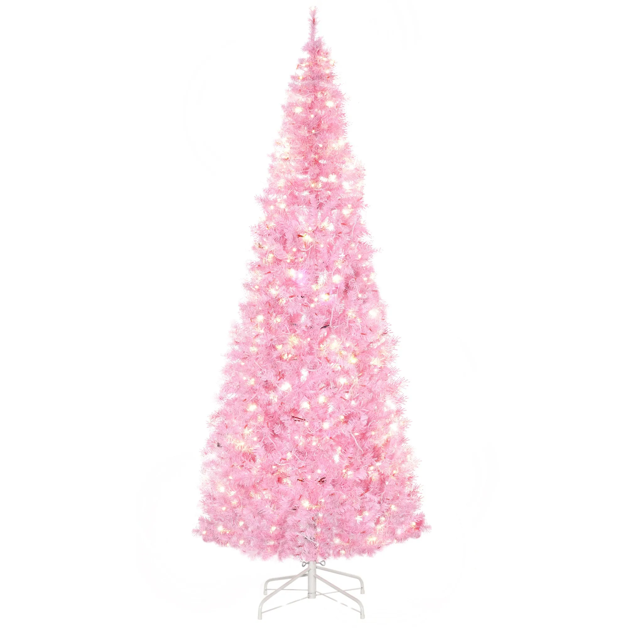 7' Tall Prelit Pencil Slim Artificial Christmas Tree with Realistic Branches, 350 Warm White LED Lights and 818 Tips, Xmas Decoration, Pink