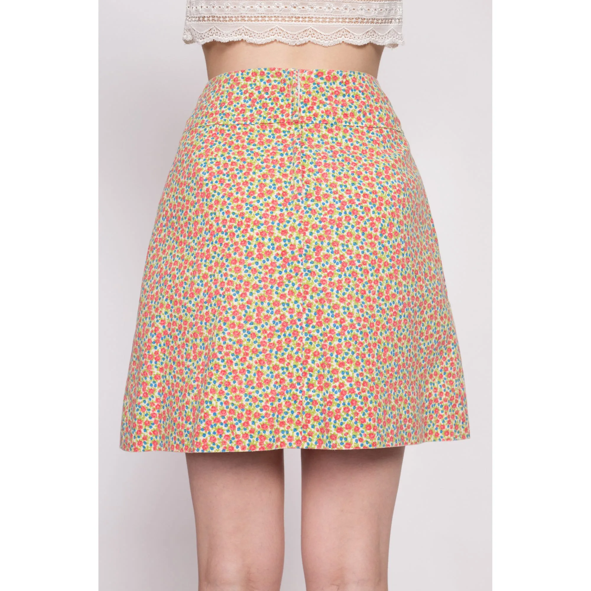 70s Calico Floral Pleated Mini Skirt - Extra Small, 23"