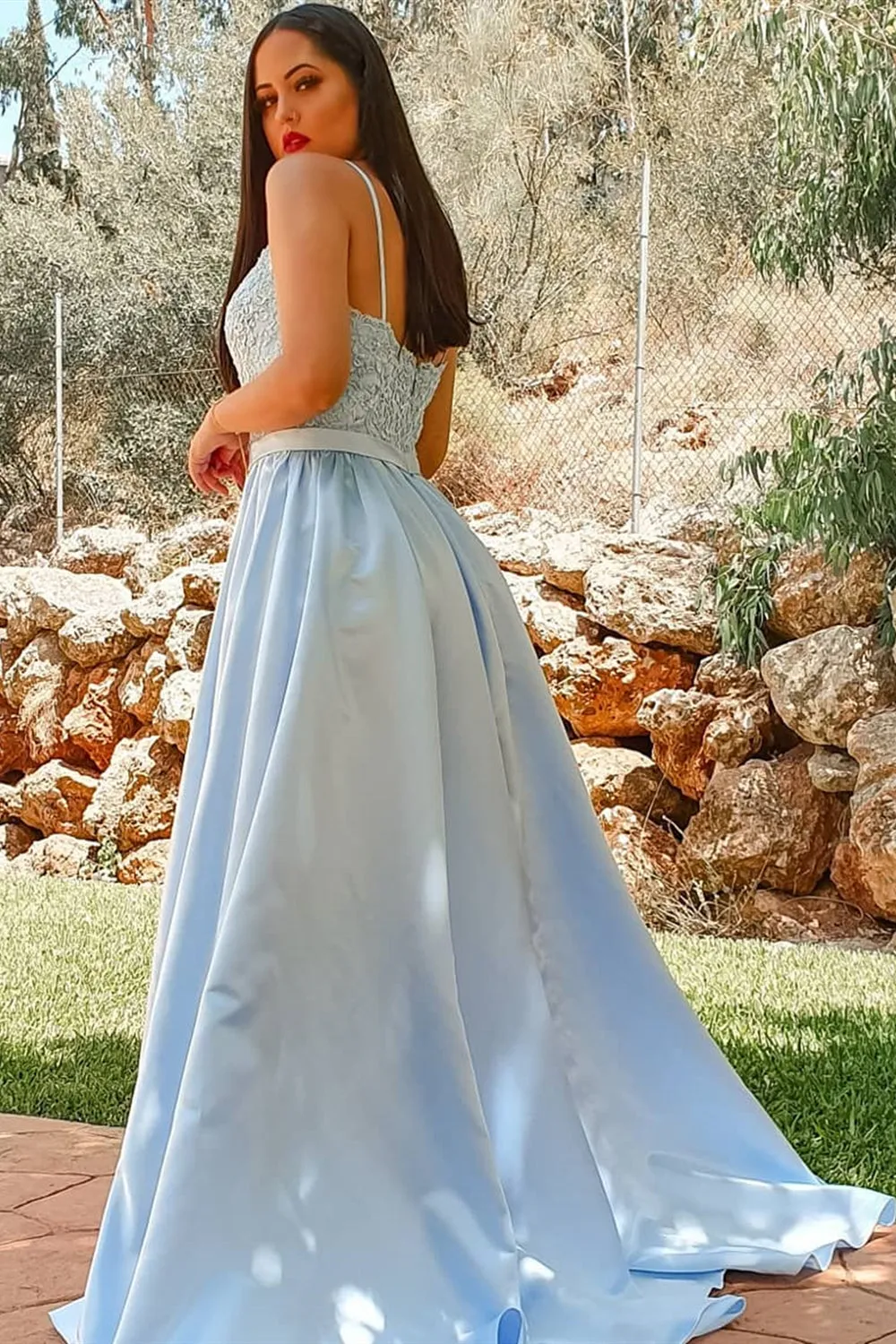 A Line Light Blue Lace Long Prom Dresses with Slit, Light Blue Lace Formal Dresses, Light Blue Evening Dresses