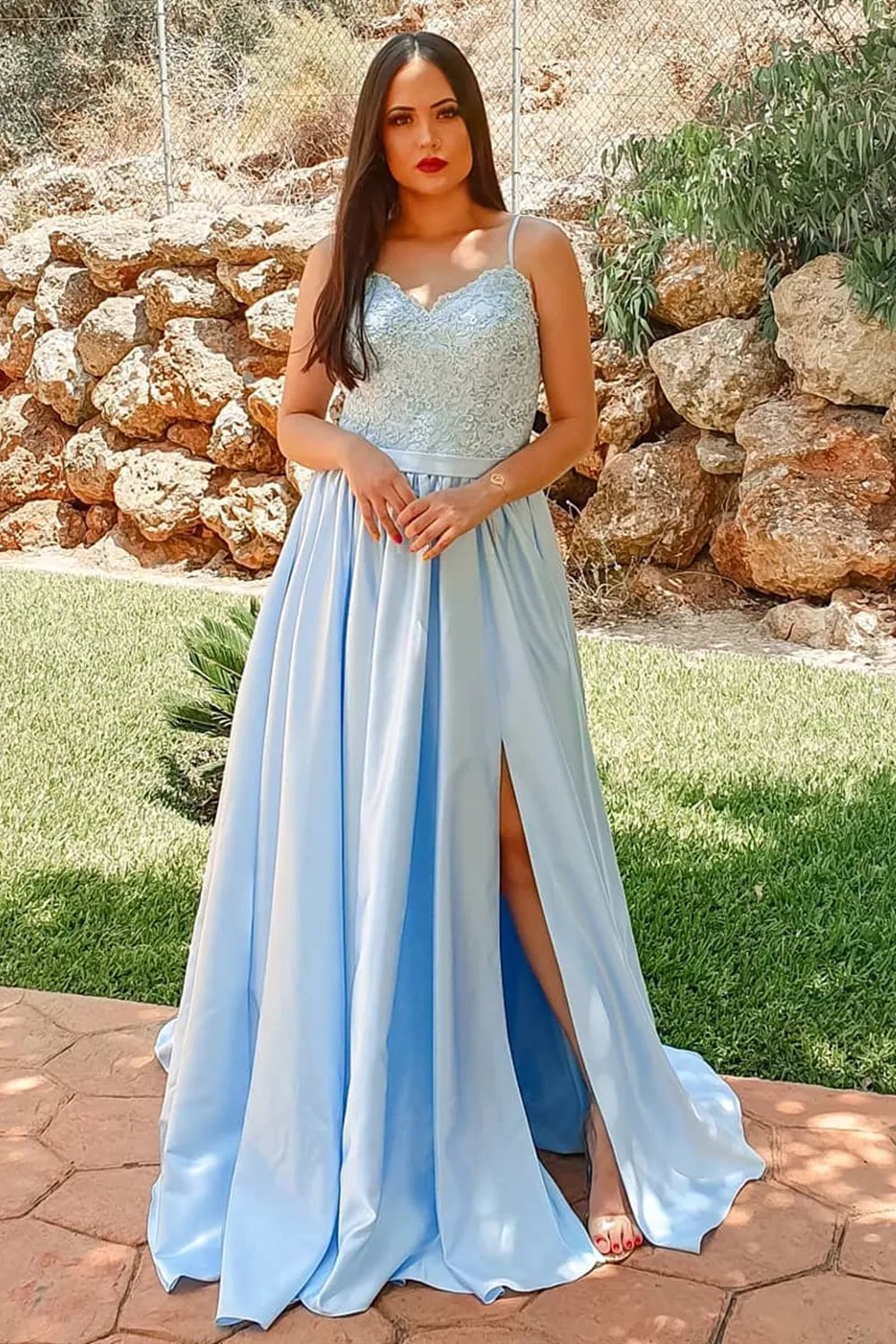 A Line Light Blue Lace Long Prom Dresses with Slit, Light Blue Lace Formal Dresses, Light Blue Evening Dresses