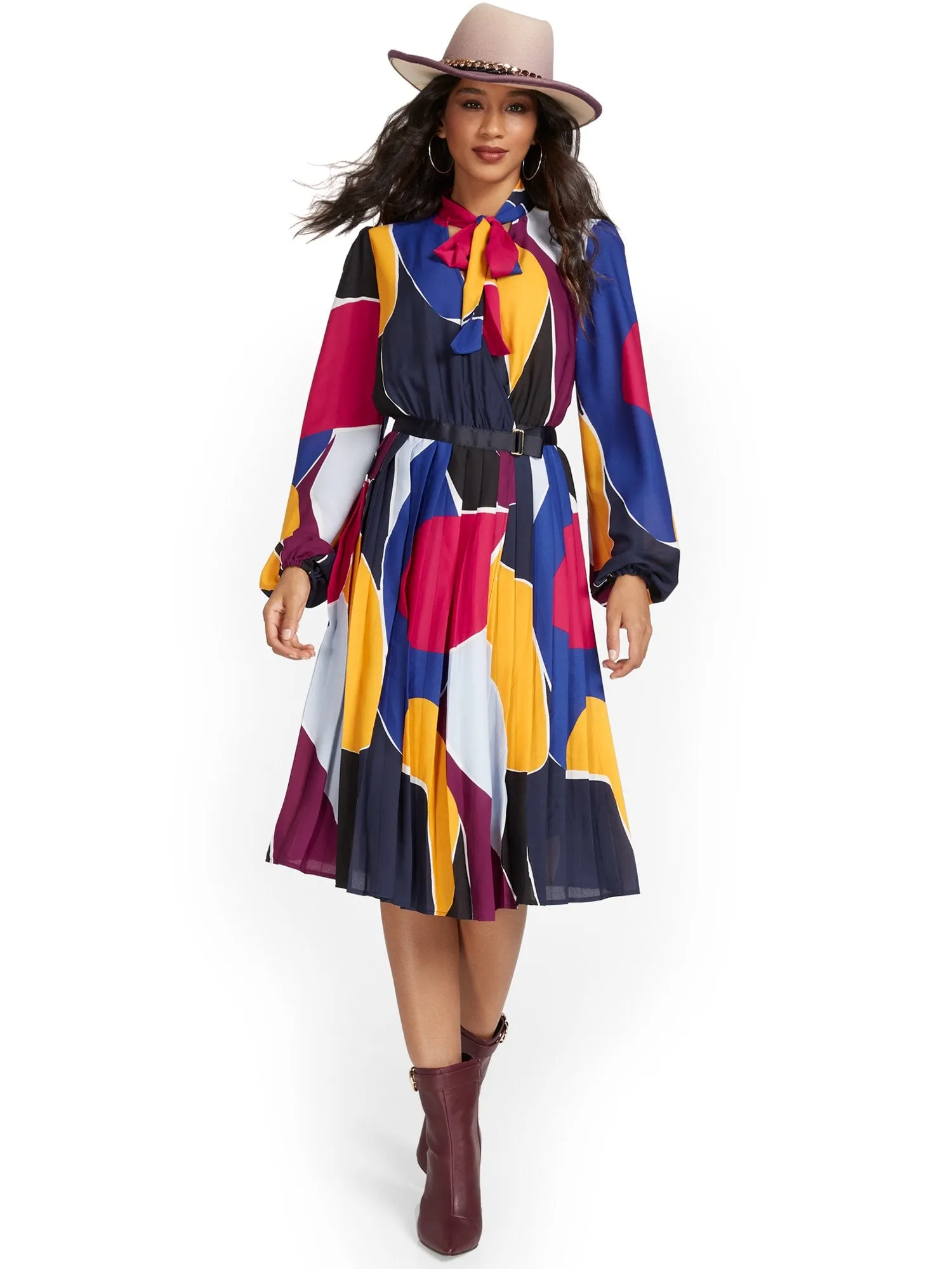 Abstract-Print Pleated Dress