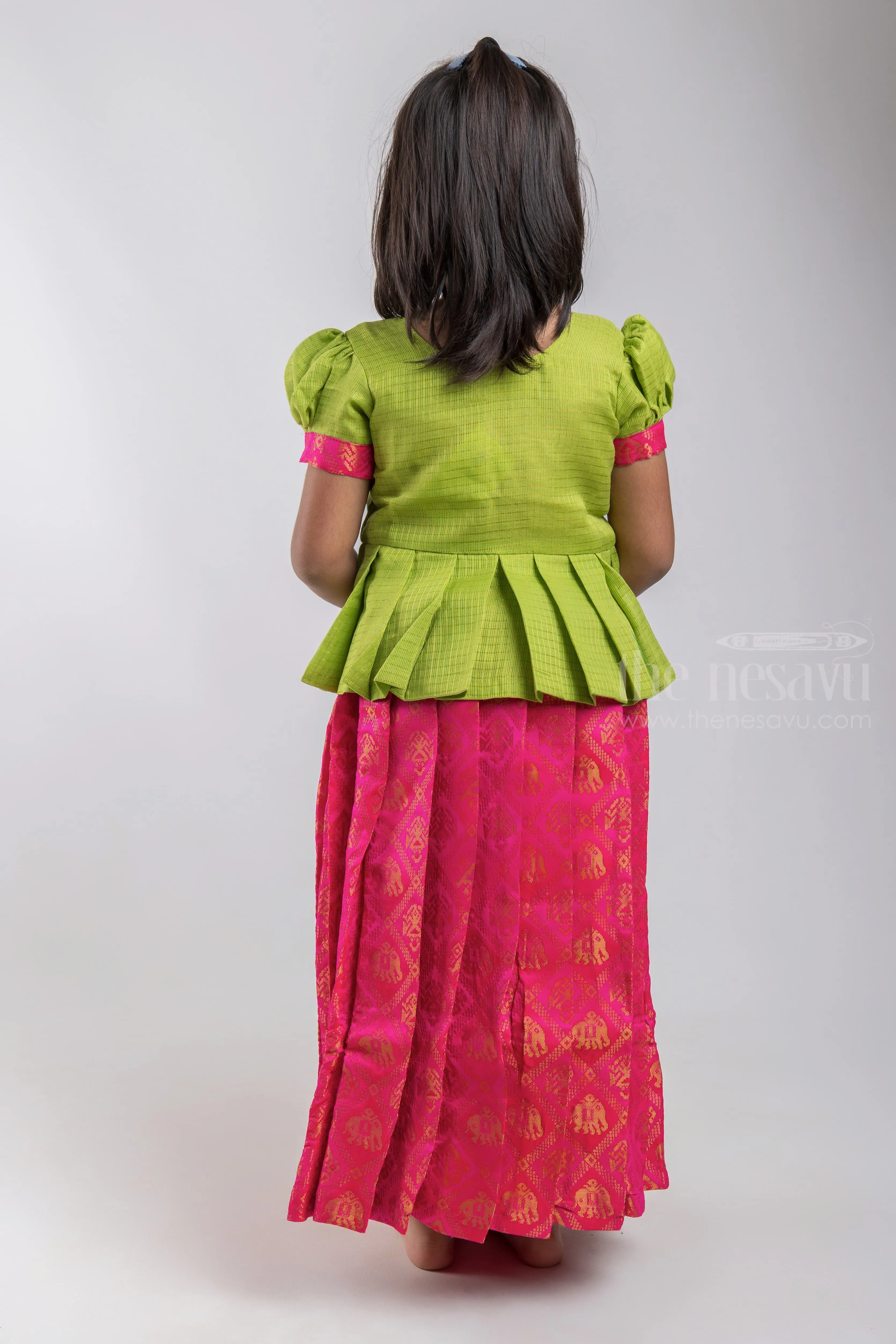 Adorable Parrot Green Silk Blouse And Pink Pleated Designer Silk Skirt For Girls