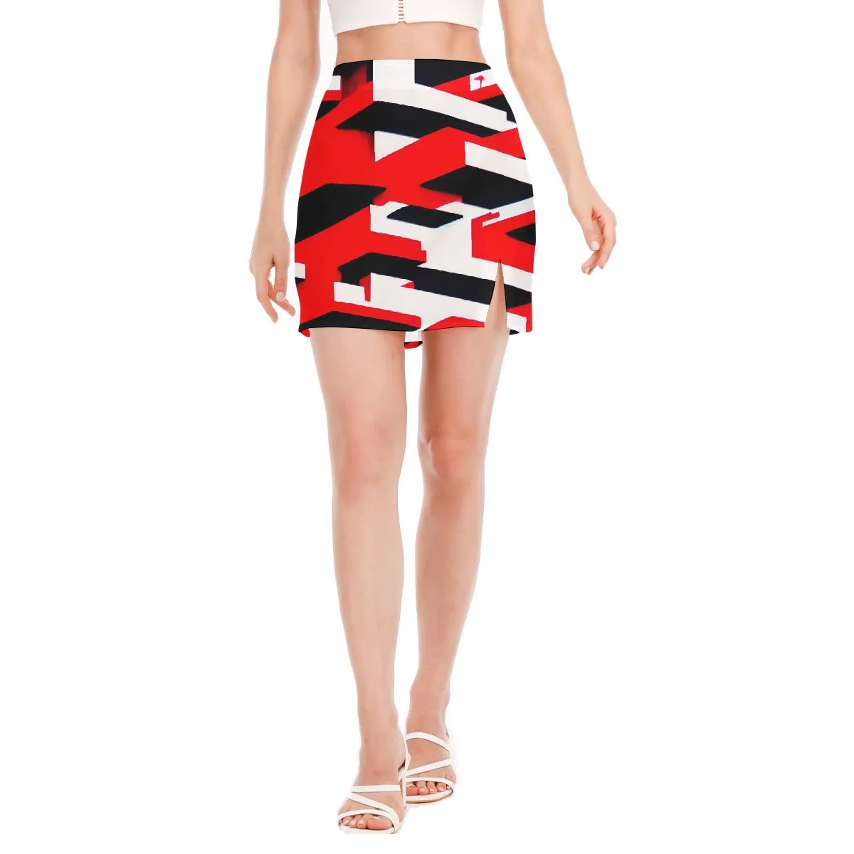 All-Over Print Women's Side Split Hip Skirt SS5 red, Black and White print