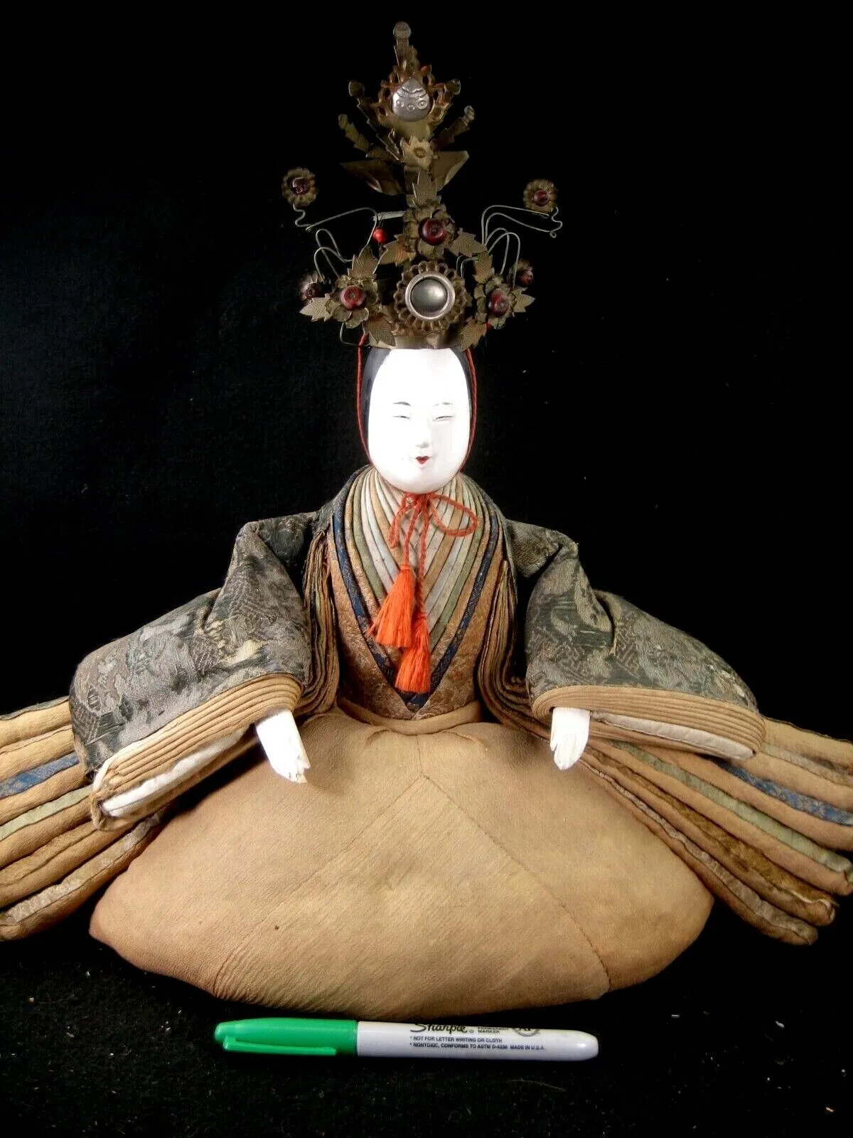 Antique Meiji Era Japanese Samurai & Court Lady Doll Set Wooden Gofun Face