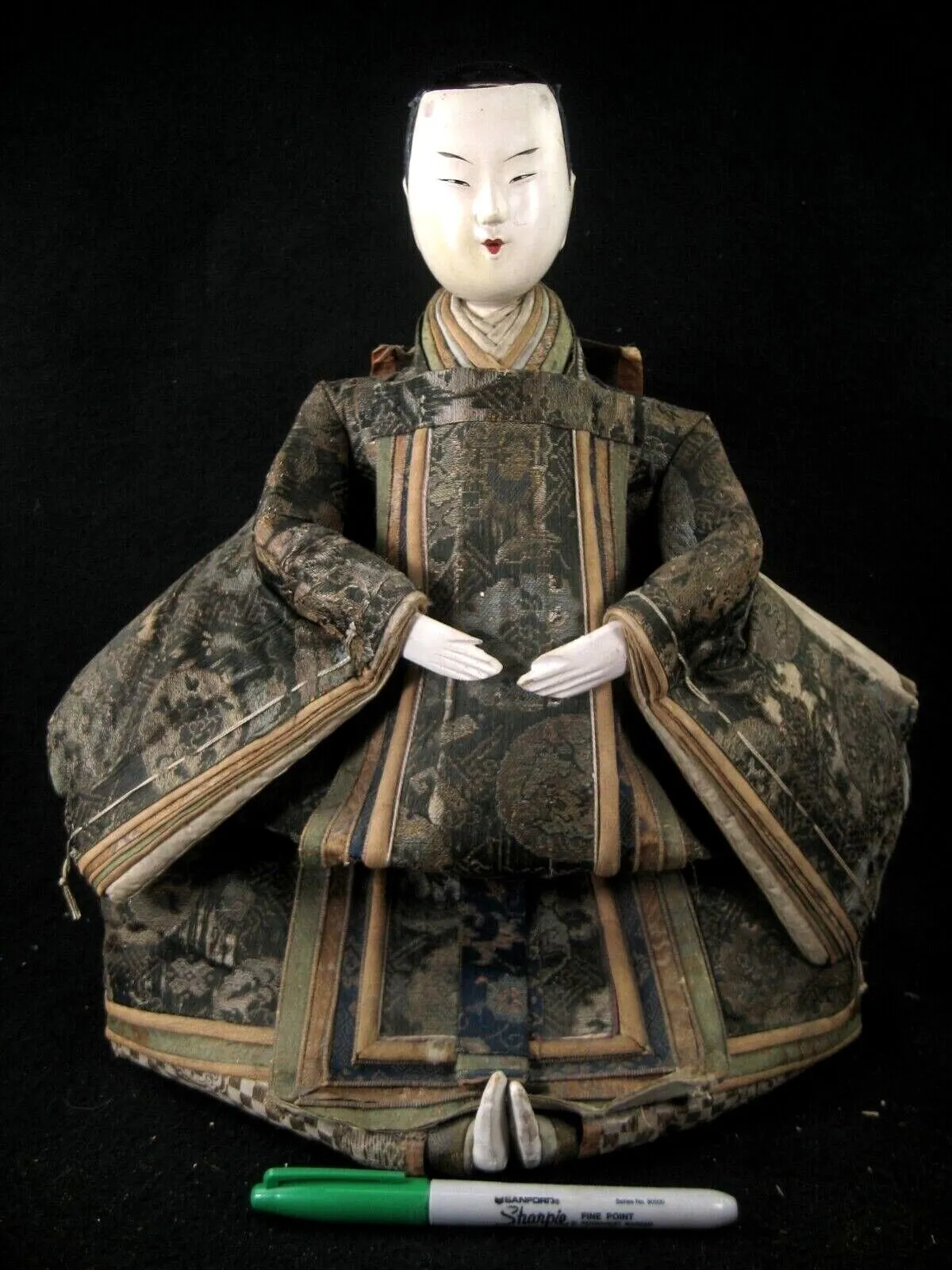 Antique Meiji Era Japanese Samurai & Court Lady Doll Set Wooden Gofun Face