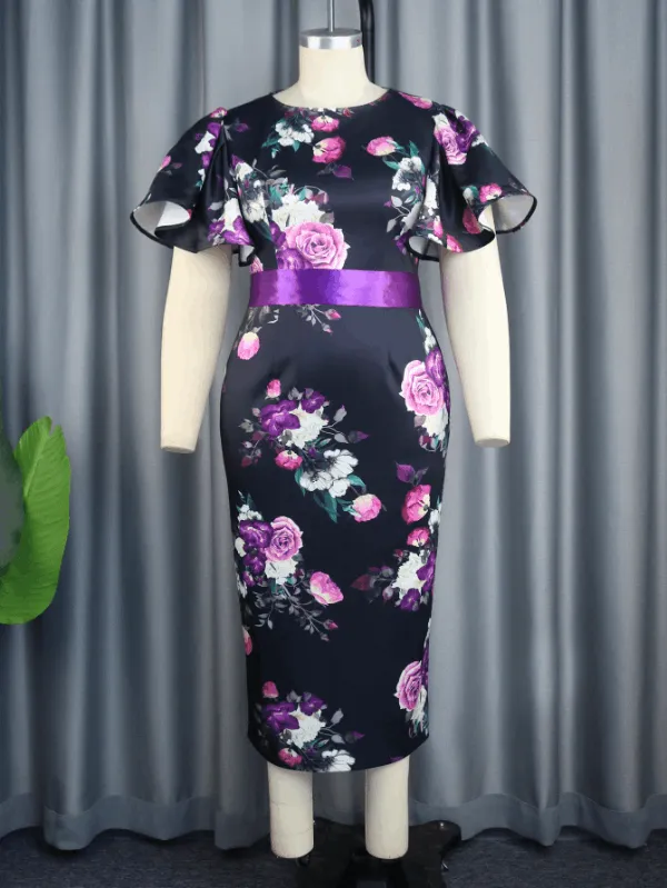 AOMEI Midi Floral Print Dress Flare Sleeve With Belt