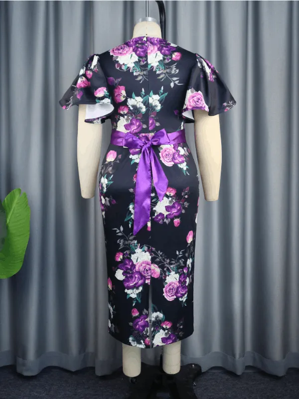 AOMEI Midi Floral Print Dress Flare Sleeve With Belt