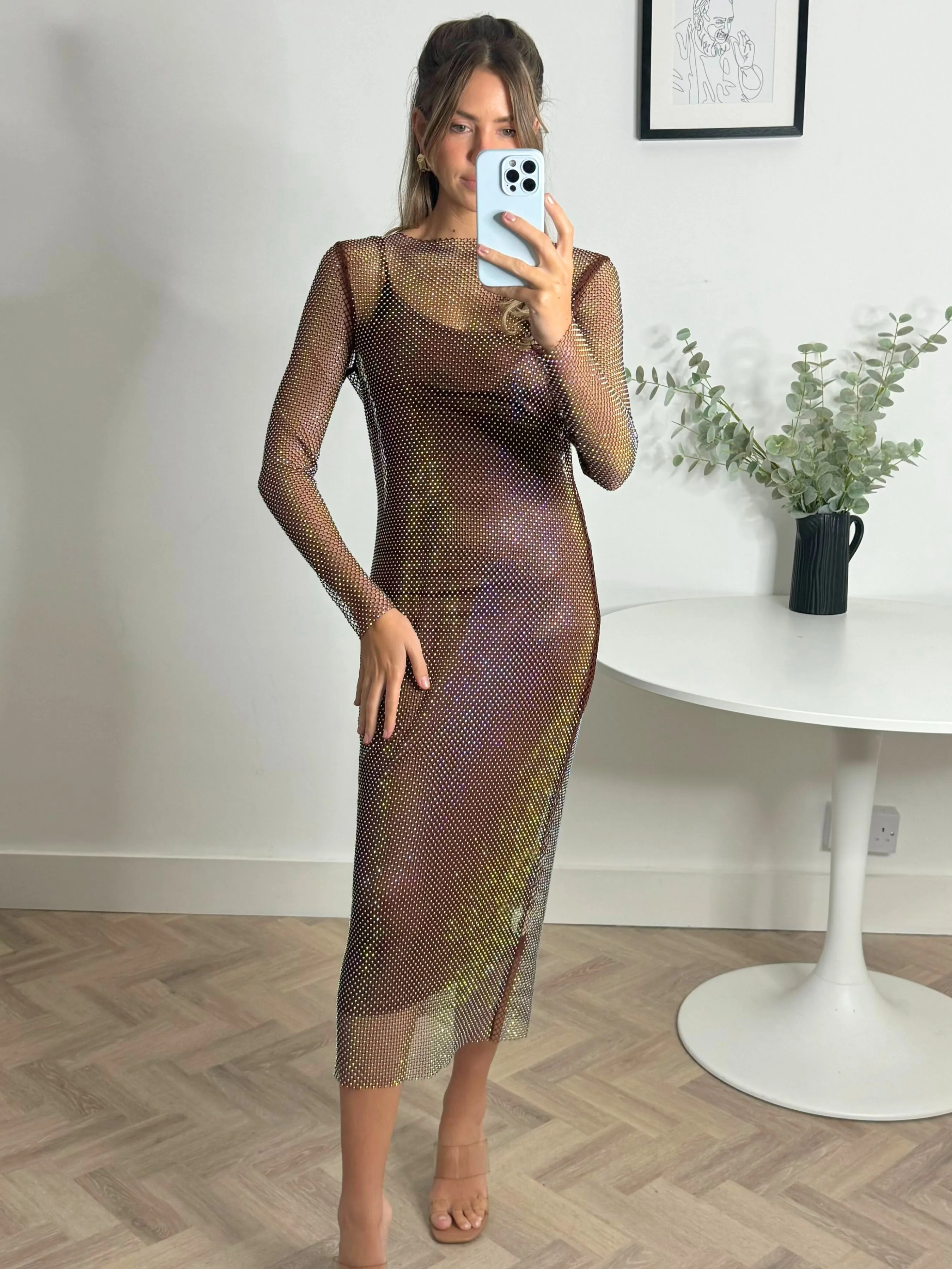 Aphina Diamante Mesh Maxi Dress in Chocolate