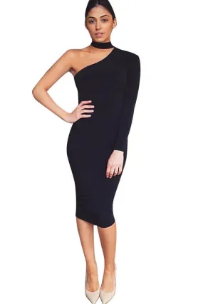 Asymmetric Black Strapless Bodycon Dress Pencil Midi