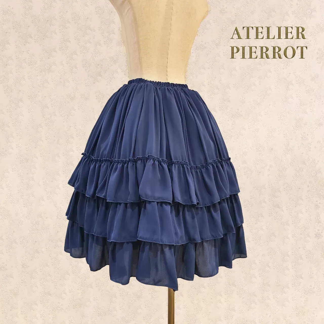 【ATELIER PIERROT】Three-Tiered Ruffle Chiffon Skirt　White/Ivory/Bordeaux/Navy/Black