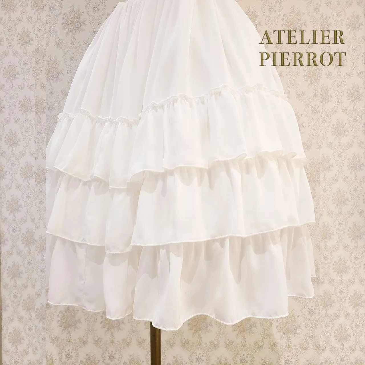 【ATELIER PIERROT】Three-Tiered Ruffle Chiffon Skirt　White/Ivory/Bordeaux/Navy/Black